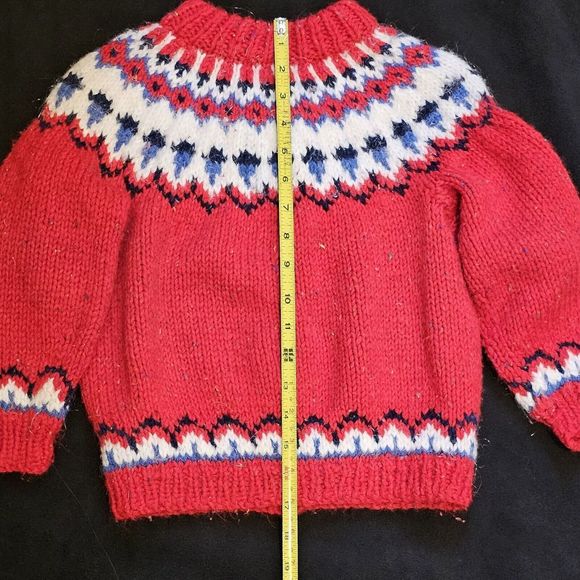 Hand Knit Toddler Sweater Wool Blend Fair Isle Red Crew Neck Unisex Cardigan - Picture 4 of 13